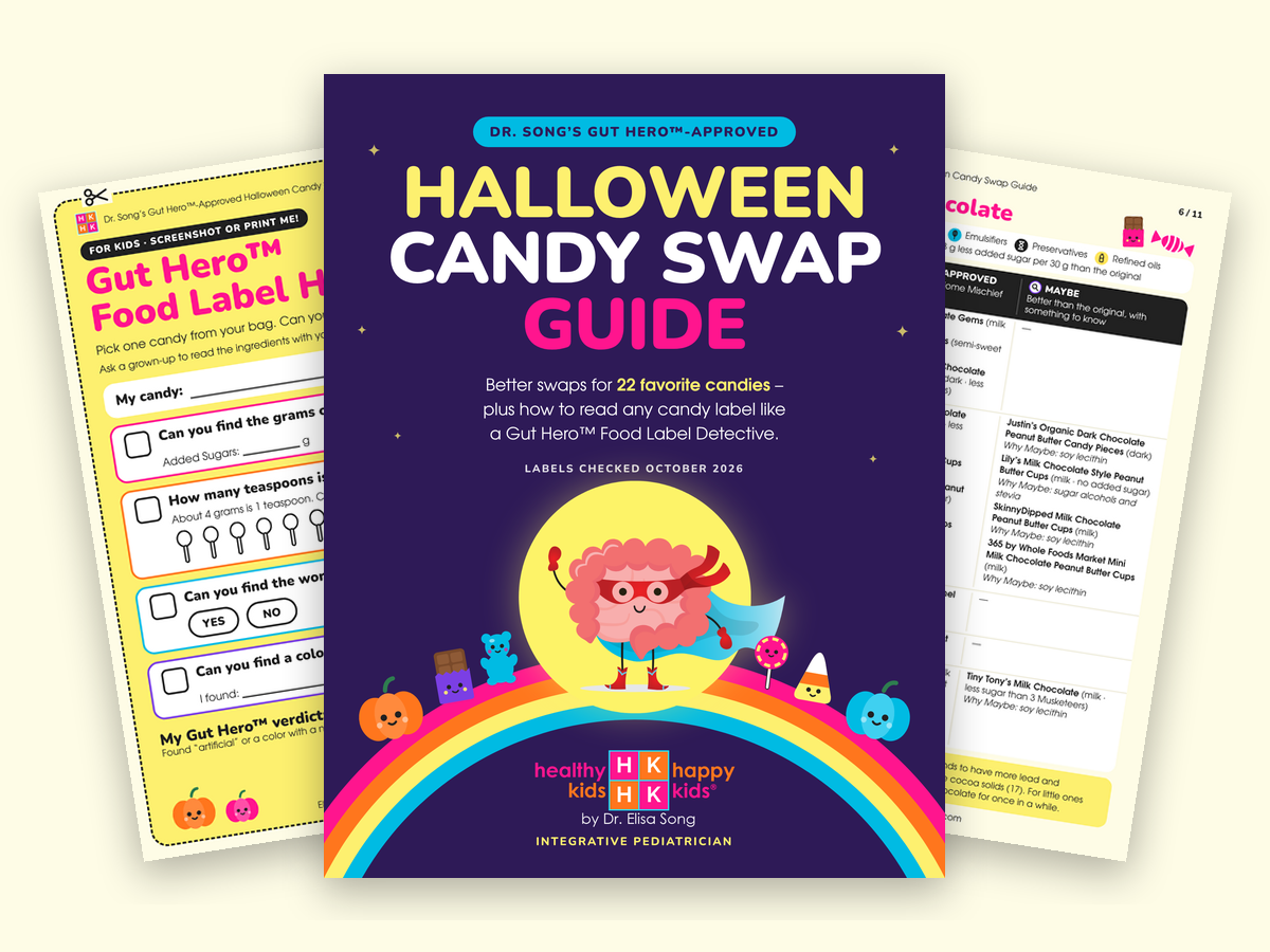 Dr. Song’s Gut Hero Halloween Candy Swap Guide – cover, kids’ Food Label Hunt and swap list pages