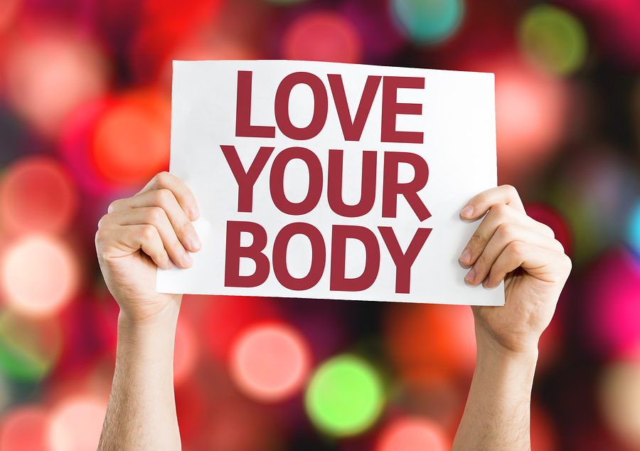 Love Your Body card with colorful background with defocused ligh